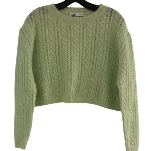 Zara Mint Green Alpaca Wool Blend Cropped Cable Knit Cropped Sweater Size Medium - Picture 5 of 10